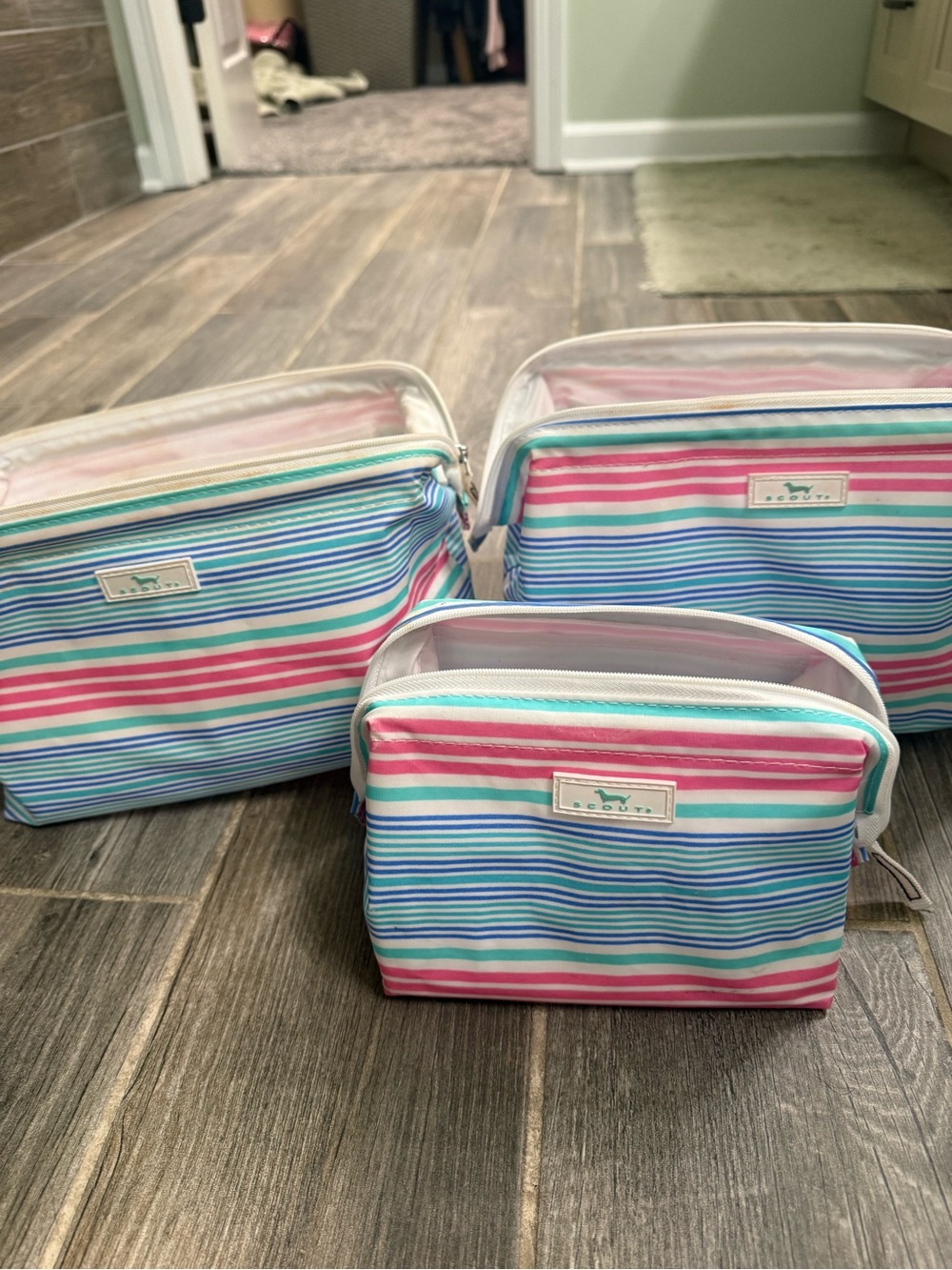 Scout Travel Cosmetic Bags in Pink, Turquoise, Blue & White Stripe